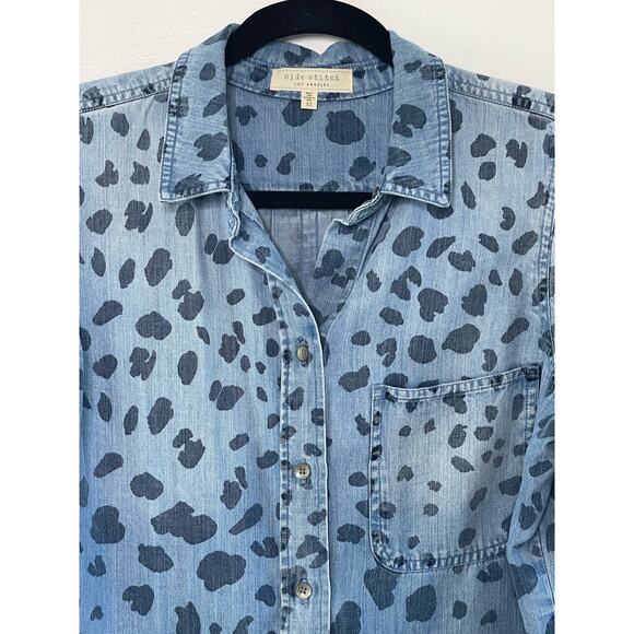 Side Stitch Button-Down Shirt Animal Print Painted Polka Dot Blue Women's XS - Picture 5 of 11